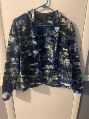 Eddie Bauer Navy, White & Neon Yellow Patterned Fleece Jacket